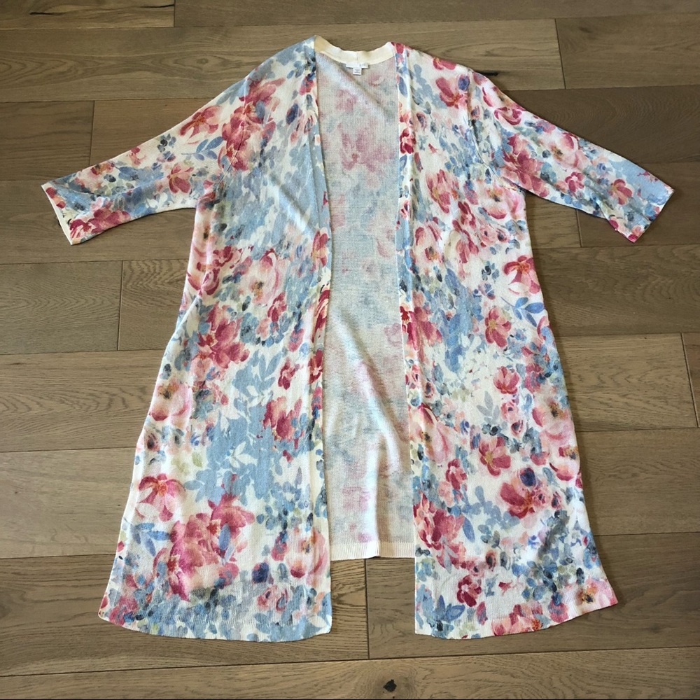 J Jill Floral Duster Sz 1X Cardigan Long Line Linen Blend Cream Pink Blue